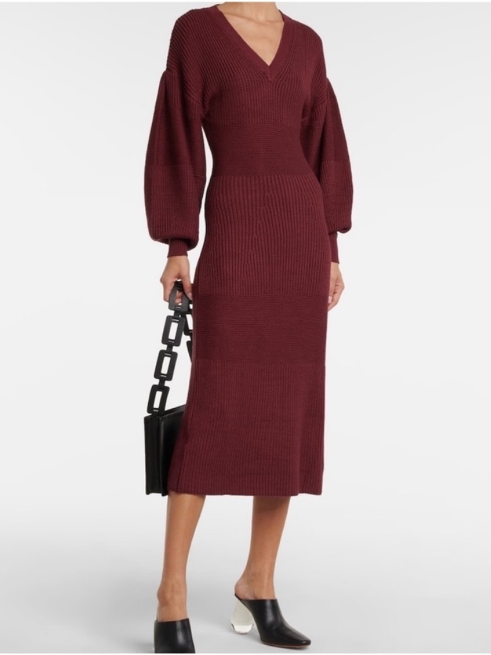 STAUD Carnation Balloon Sleeve Midi Sweater Knit Dress in Merlot sz Medium